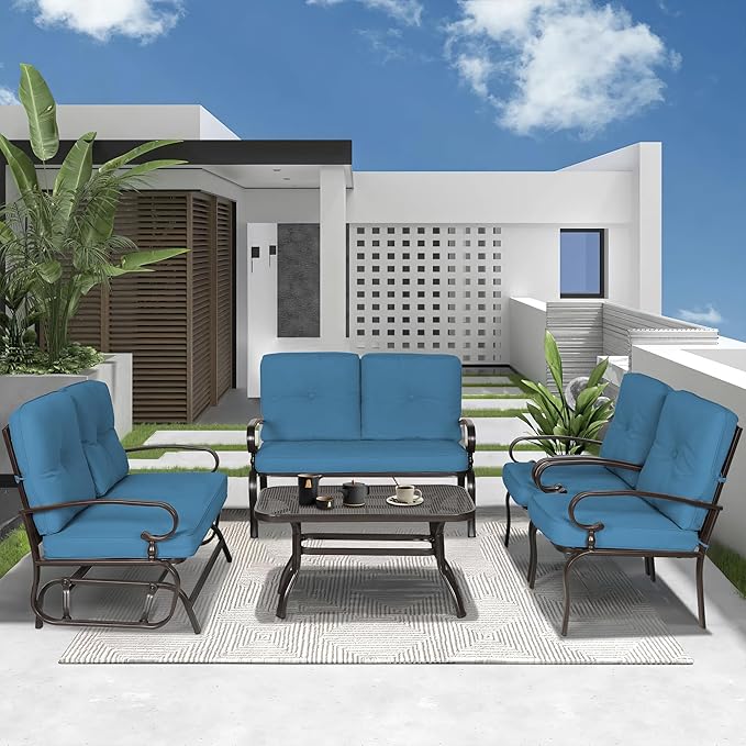 Incbruce 5 Pcs(6 Seats) Outdoor Metal Furniture Sets Wrought Iron Patio Conversation Sets, (Glider, 2 Single Chairs, Loveseat, and Coffee Table) with Cushion (Peacock Blue)