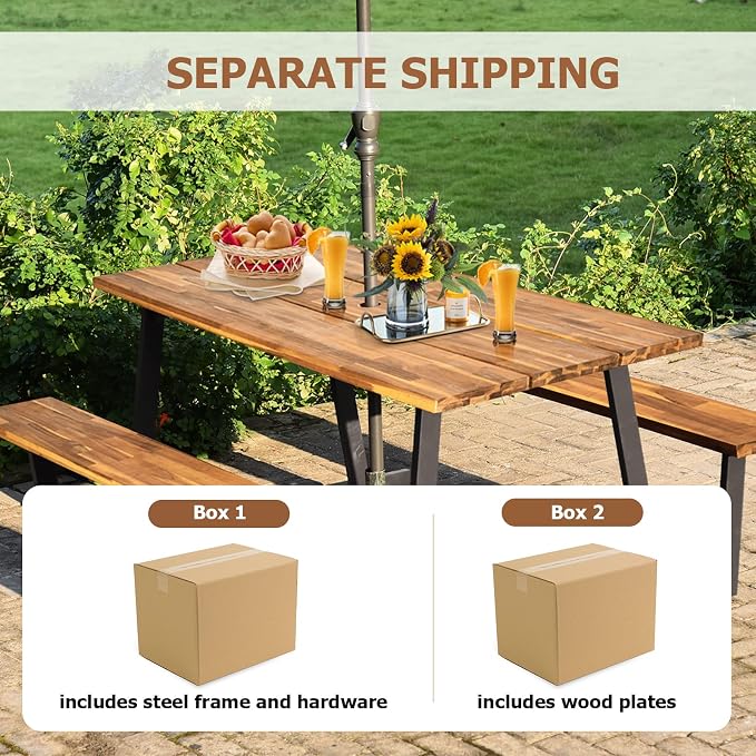S AFSTAR 70" Outdoor Picnic Table, Heavy Duty Wooden Table and Bench Set with Umbrella Hole, All-Weather Acacia Wood Picnic Tables for 6, Garden, Backyard, Porch, Patio