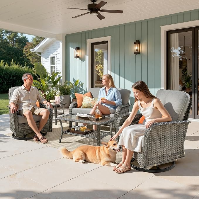 Weaxty 7 Pieces Patio Furniture Set,Wicker Outdoor Swivel Rocking Chairs,Rattan Loveseat Couch,Coffee Table,Patio Sofa Conversation Sets for Deck Backyard Porch Poolside, Dark Gray