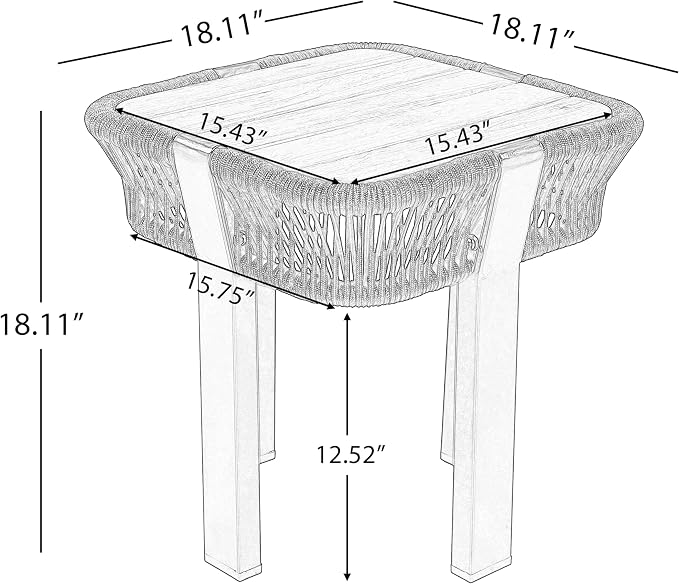 Acacia Wood Side Table, Square Outdoor End Table with Rope & Metal Frame, Small Outdoor Table for Patio, Garden, Poolside, Deck w/UV-Resistant Frame,120 lbs Capacity, Black+Teak