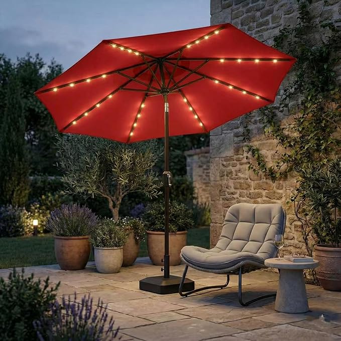 Kingdura 10FT Outdoor Patio Umbrella with Solar Lights, Market Table Umbrella with Push Button Tilt & Crank, 8 Sturdy Ribs, 32 LED Lights, UV Protection for Garden Lawn Deck Backyard Pool (Red)