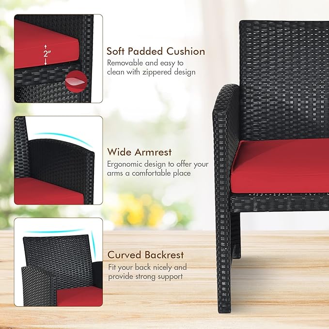 Goplus Rattan Patio Furniture Set 4 Pieces, Outdoor Wicker Conversation Sofa and Table Set with Soft Cushions & Tempered Glass Coffee Table for Balcony Garden Backyard (Red)