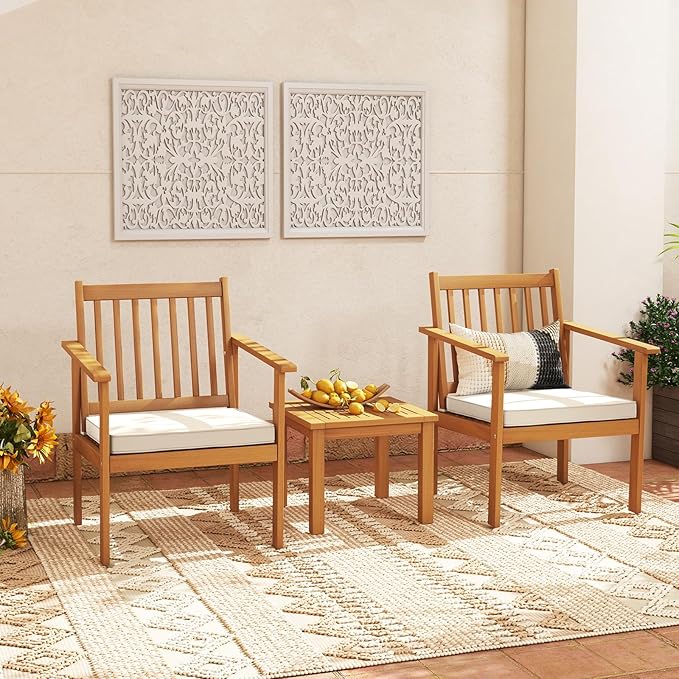 Tangkula 3 Pieces Patio Wood Furniture Set, Acacia Wood Chairs and Coffee Table Set with Soft Cushions, Slatted Design, Outdoor Furniture Set for Porch, Yard, Balcony (White)