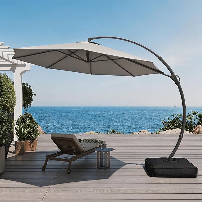 LAUSAINT HOME 12ft Patio Cantilever Umbrella with Base Included, Outdoor Curvy Round Offset Umbrella, Heavy Duty Aluminum, 360° Rotation for Pool, Deck, Lawn, Backyard (Grey)
