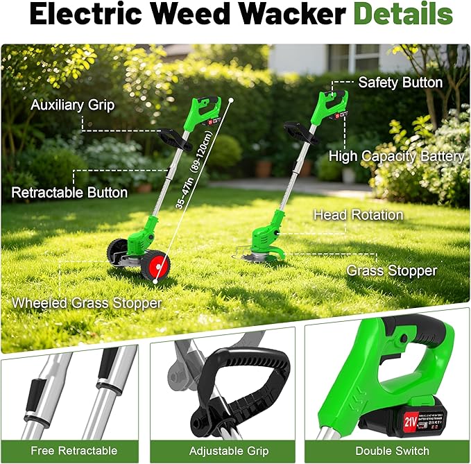Cordless Weed Wacker Electric Eater Battery Powered 21V x 2 Battery Operated Stringless Weed Trimmer 3-in-1 Grass Trimmer/Lawn Edger/Brush Cutter with 4 Types Blades & Wheels for Garden Yard