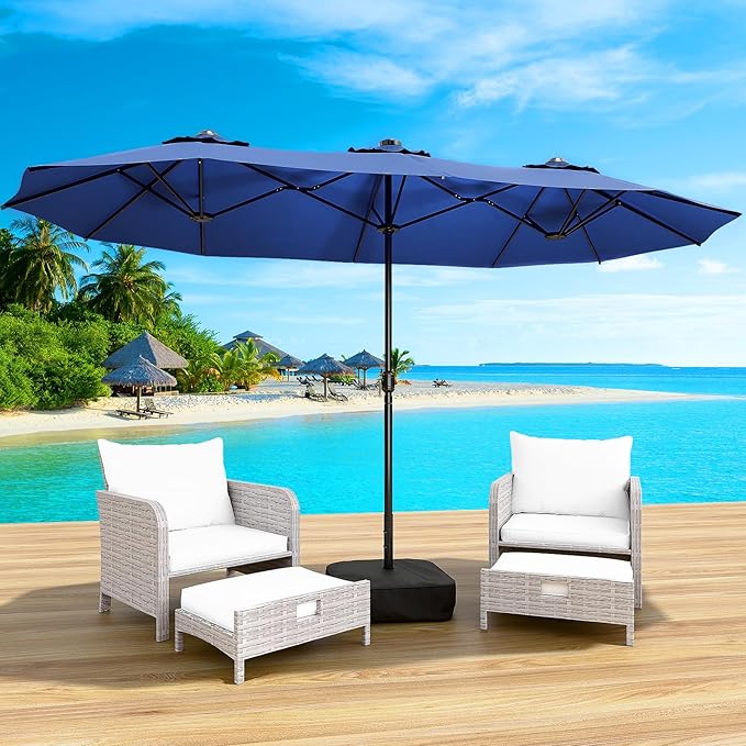 LEVELEVE 15FT Double-Sided Patio Umbrella with Base Included, Large Outdoor Rectangular Market Umbrella for Backyard, Poolside, Lawn & Garden,Blue
