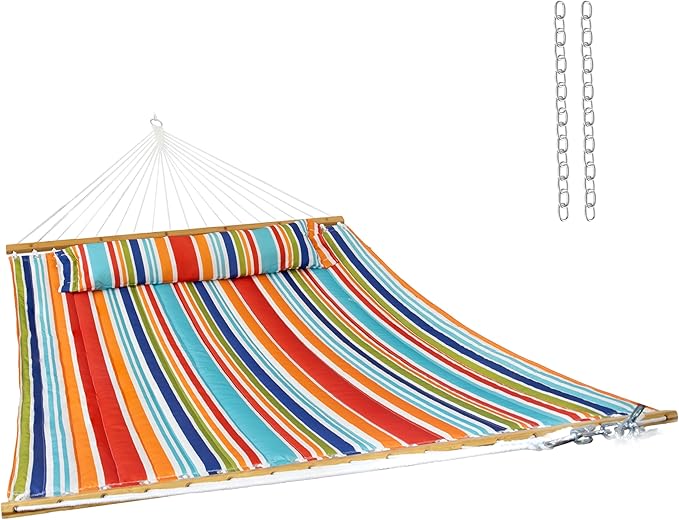 Sunnydaze Extra Large Quilted Hammock with Spreader Bars - 2-Person Hammock for Outside - Caribbean Stripe