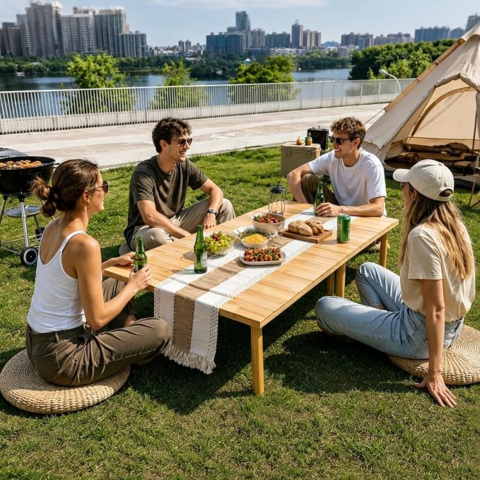 60" x 30" Boho Low Wooden Folding Picnic Table with Table Runner, Portable Boho Picnic Table for Indoor Outdoor Use, Camping, Beach, Garden, Wedding & Party (8 Steak Knives & Forks Included)