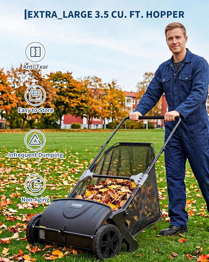 Garvee 21-Inch Push Lawn Sweeper, 3.5 Cu. Ft. Hopper Leaf & Grass Collector, 4 Spinning Brushes, Adjustable Brush Height, Manual Yard Sweeper for Grass Clippings, Leaves & Light Debris, Black