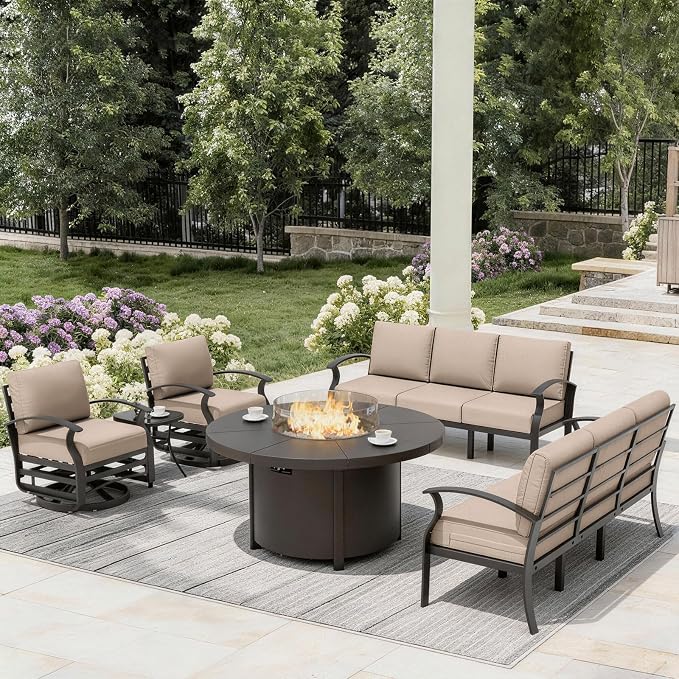 ALAULM Aluminum Patio Furniture Set with Coffee Table Rectangular, 5-seat Outdoor Sectional Furniture w/2 Swivel Chairs, Patio Conversation Set for Porch, Backyard, Poolside-Grey