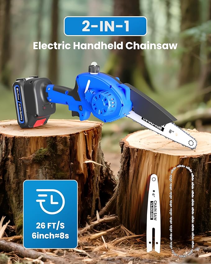 Mini Chainsaw with 1000W Brushless Motor, 8 inch & 6 inch 2 Rechargeable Batteries Handheld Small Chain Saw for Wood Cutting, Gardening Gifts for Father Dad Men