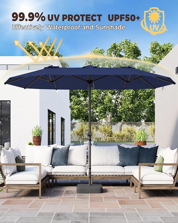 GDPFN 15ft Patio Umbrella with Base Include, Large Outdoor Double-Sided Rectangle Umbrella with Easy Crank Handle for Poolside, Garden & Deck - Navy Blue