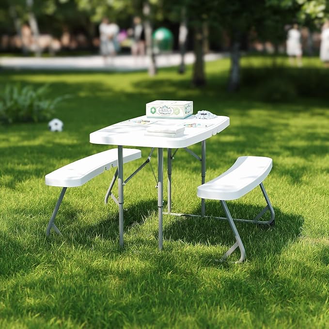 Flash Furniture Paige Easy-Fold Kids Outdoor Picnic Table and Benches - Commercial Grade Folding Plastic Play Table - Recommended for up to Age 5 - White