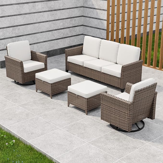 COOS BAY Harbor Retreat 5 Piece Outdoor Furniture Set, Patio Conversation Set with w/Swivel Rocking Chairs, 3 Seat Couch and Ottomans, Wicker Furniture, Brown/Beige