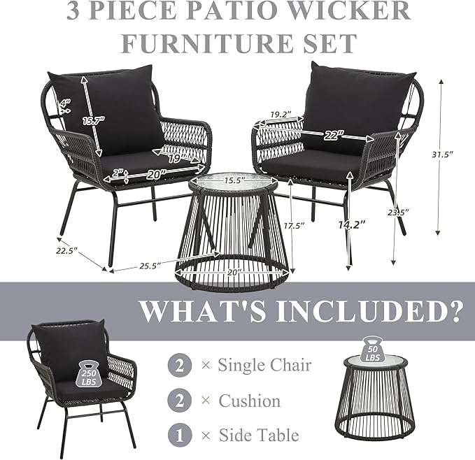 Bezseller 3-Piece Outdoor Patio Furniture Set - 20" Wide Seating w/ 2" Thick Cushions, 14.2" Seat Height - Modern Boho Furniture for Gardens, Balcony & Apartments