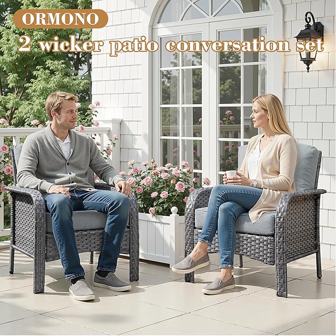 2 Pieces Patio Furniture Set, Two Single Chair Outdoor Furniture, All-Weather Rattan Wicker High Back Conversation Set of 2 for Small Space Porch, Backyard, Balcony, Dark Grey