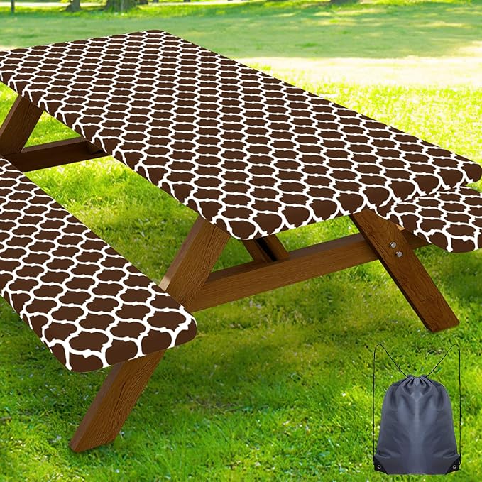 Smiry Picnic Table Cover with Bench Covers, Waterproof Elastic Fitted Tablecloth for 6 Foot Tables, Washable Polyester Tablecloths for Camping, Indoor & Outdoor (Coffee, 30x72 Inch 3-pc Set)