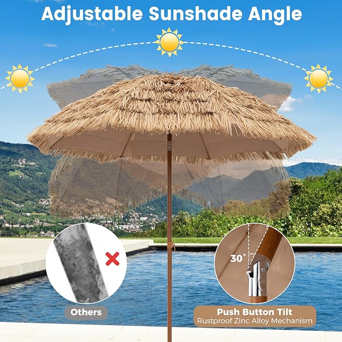 Tangkula 7.2Ft Tiki Patio Umbrella, Hawaiian Style Outdoor PE Grass Umbrella with Tilt Adjustment, 8 Ribs, Portable Thatched Beach Umbrella for Garden, Yard, Poolside
