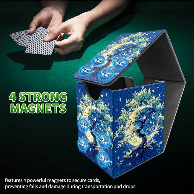 Moon Green Tree Card Deck Box for MTG, Personalized Card Storage Case Fits 120+ Sleeved Cards, Premium Leather TCG Box with Strong Magnetic Closure for Magic, CCG, PTCG, Baseball Cards