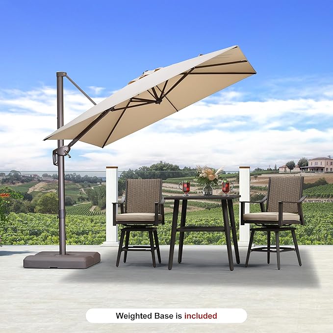 PURPLE LEAF 8' X 8' Cantilever Patio Umbrella with Base Included Antique Bronze Square Umbrella with 360° Rotation and Aluminum Offset Hanging Outdoor Umbrella for Pool Garden Backyard Deck, Beige