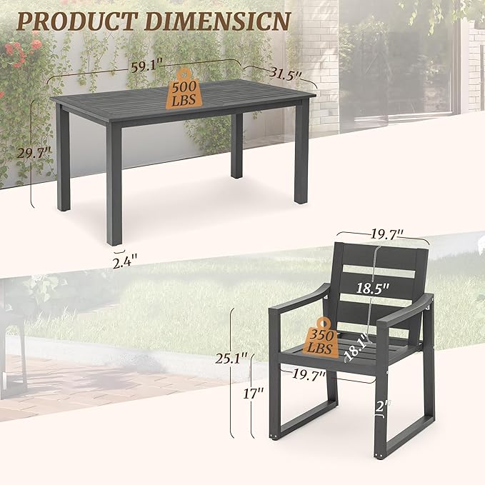 Cozyman Patio Table and Chairs Set, HDPS Outdoor Dining Set for 6, Patio Furniture for Deck, Poolside, and Backyard, Dark Gray