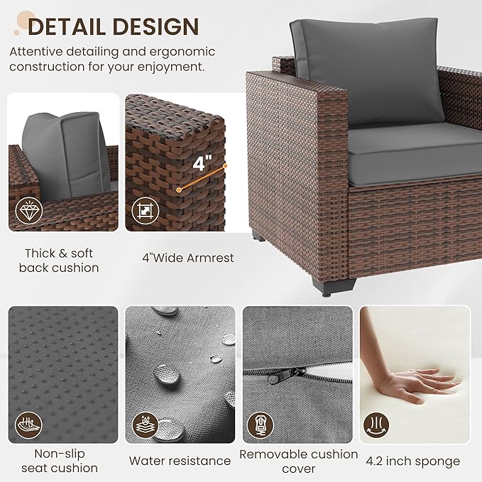 Patio Furniture Set with Fire Pit Table, 5 Pieces Outdoor Furniture Sets, Wicker Patio Conversation Sets w/Waterproof Covers for Backyard, Porch, Balcony, Poolside Dark Grey