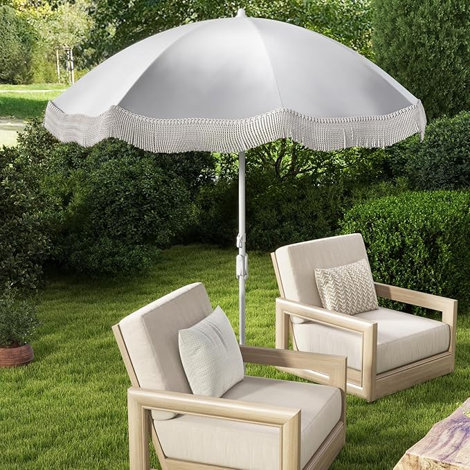 6.5 FT Outdoor Fringe Umbrella, UV 50+ Protection Boho Umbrella with Sand Anchor, Tilt Sun Shelter& 8 Ribs, Portable Beach Umbrella with Carry Bag, Vintage Patio Umbrella for Deck Poolside