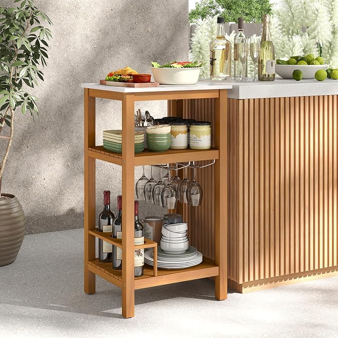 Giantex Acacia Wood Outdoor Side Table, Patio Buffet Cabinet Bar Table with Faux Marble Countertop, Glass & Wine Holders, Patio Storage Cabinet for Garden, Backyard, Kitchen