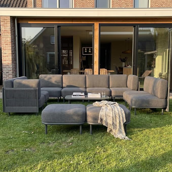 LayinSun 11 Pieces Patio Furniture Set with Coffee Table, Modern Outdoor Modular Sectional Conversation Set L-Shaped Sofa with 7-inch Cushion for Garden Backyard Deck
