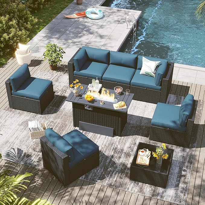 LazySunsets 8 Piece Outdoor Patio Furniture Set with 44'' Fire Pit Table, Outdoor Patio Furniture Set with Waterproof Cover, Wicker Rattan Outdoor Conversation Set for Backyard & Garden, Peacock Blue