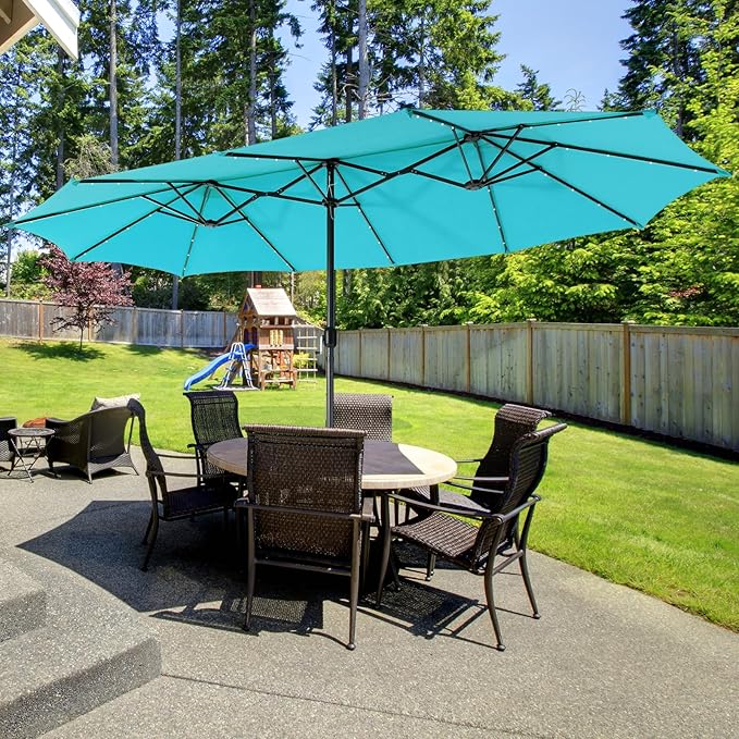 Giantex Large Outdoor Umbrella Double-Sided, 48 Solar Lights, Auto-Charging Solar Panel, Extra Large Patio Umbrella with Base and Crank, Outdoor Market Umbrellas for Poolside Garden