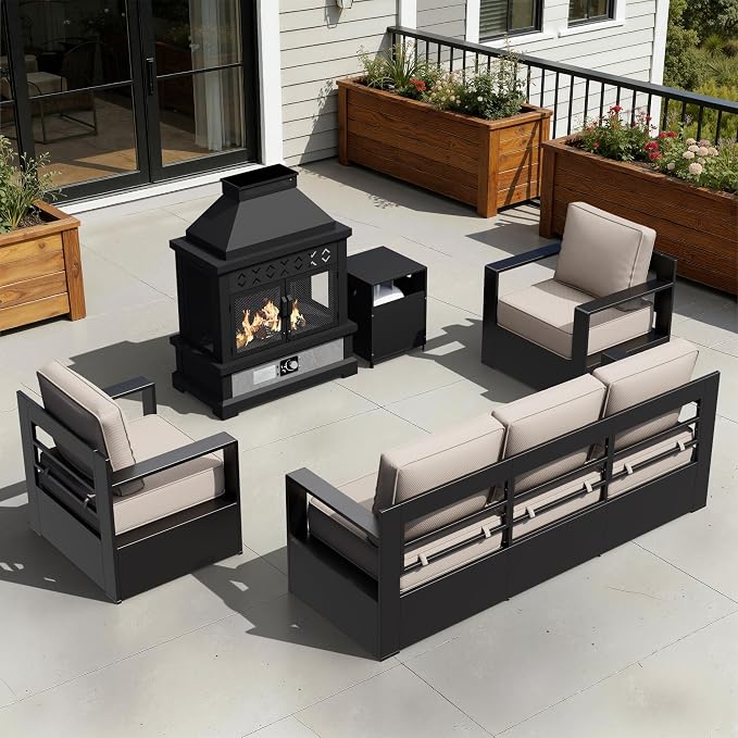 Outdoor Aluminum Furniture Set, 4-Piece Patio Conversation Set, 2 Chairs, 1 Sofa and 1 Fireplace, All-Weather Metal Frame, 6" Thick Removable Cushions, Deep Setting for Garden, Poolside and Porch