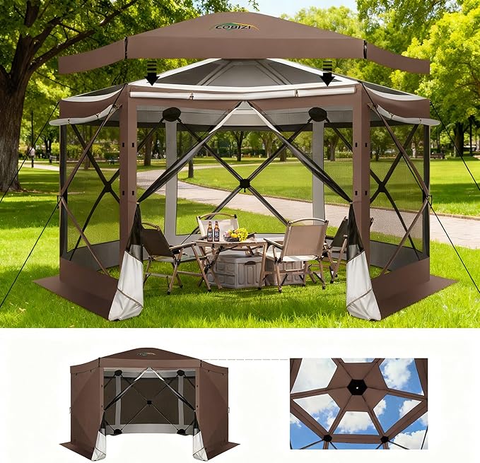 COBIZI 12x12 FT Pop Up Canopy Stargazing Tent, Gazebos On Clearance with Removable Roof, Screened in Gazebo, Screen Tents Portable carpas para Patio for Outdoor Camping,Backyard,Garden,Brown(Pro)
