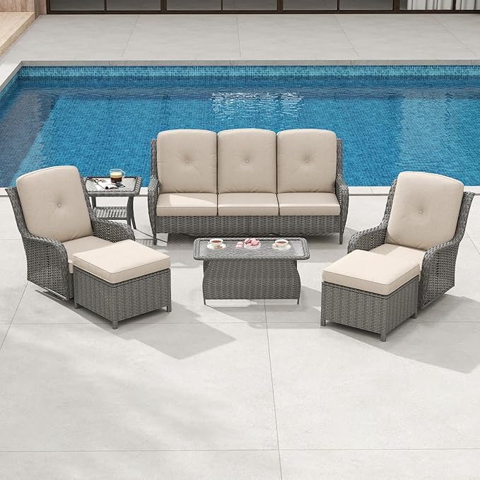 kinbor Outdoor Sectional Furniture - Outdoor Patio Conversation Sets, 7 Pieces Outdoor Sectional Sofas with Swivel Rocking Chair, Brown Wicker Rattan Patio Furniture Set, Khaki