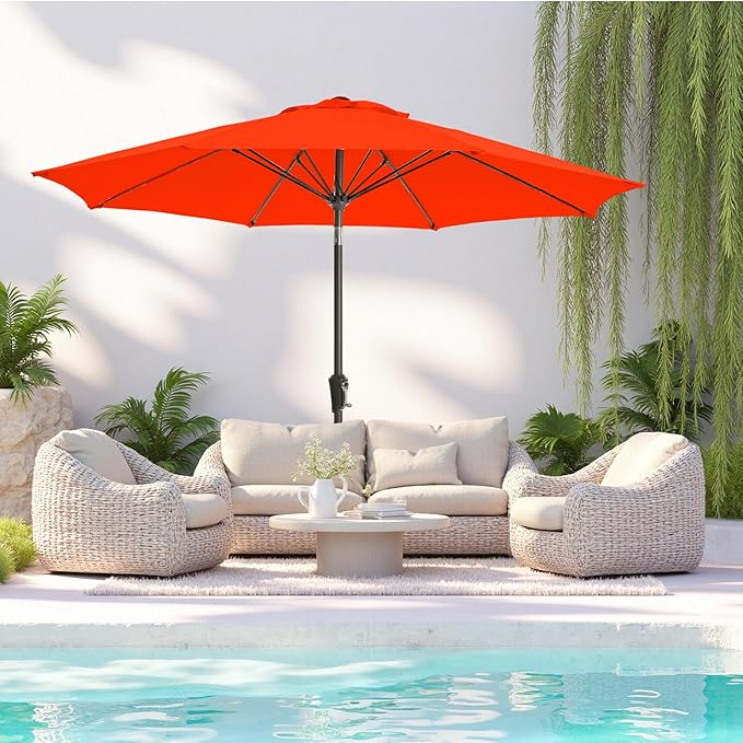 9FT Large Outdoor Patio Umbrella Pool Market Umbrella-UV Resistant, Easy Push Button Tilt and Crank, 8 Sturdy Ribs Heavy-Duty Table Umbrella for Deck, Backyard, Garden(Orange)