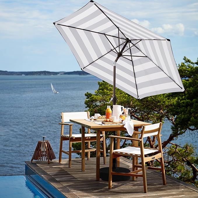 JEAREY 7.5FT Patio Umbrella Market Table Umbrella with 6 Sturdy Ribs, Push Button Tilt/Crank Outdoor Umbrella for Garden, Deck, Backyard, Pool, Black & White Stripe