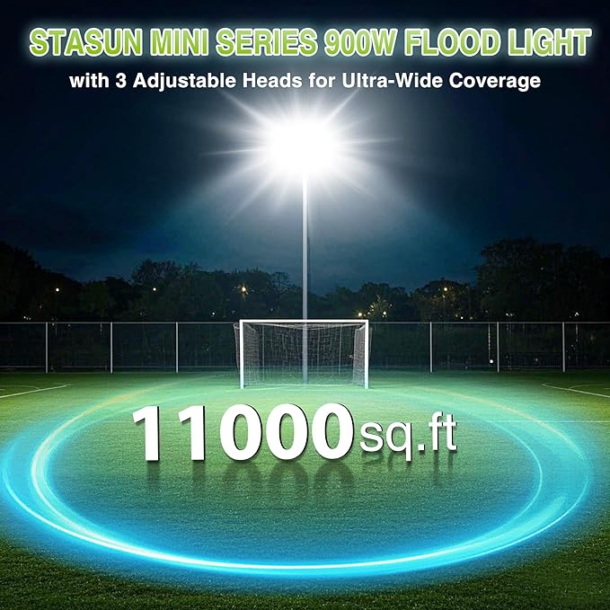 STASUN 900W LED Flood Light, Mini Series Stadium Lighting, 90000LM 6000K Daylight White, IP66 Waterproof, 3 Adjustable Panels, Outdoor Floodlight for Football, Basketball Court, Tennis, Soccer Field