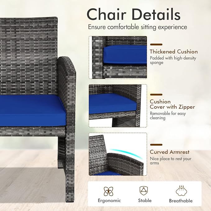 Outdoor Conversation Set, 8 Pieces Wicker Patio Chair Set with Ergonomic Curved Design, Water-Resistant Cushion & Tempered Glass Table for Balcony,Porch(Navy Blue)