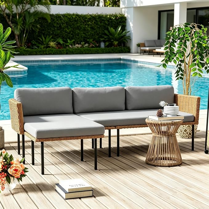 DECMICO 3-Piece Patio Furniture Set, L-Shaped Outdoor Sectional Sofa with Thick Cushions, All-Weather Rattan Conversation Set, Boho Style Detachable 3-Seater Lounger (Charcoal Grey)
