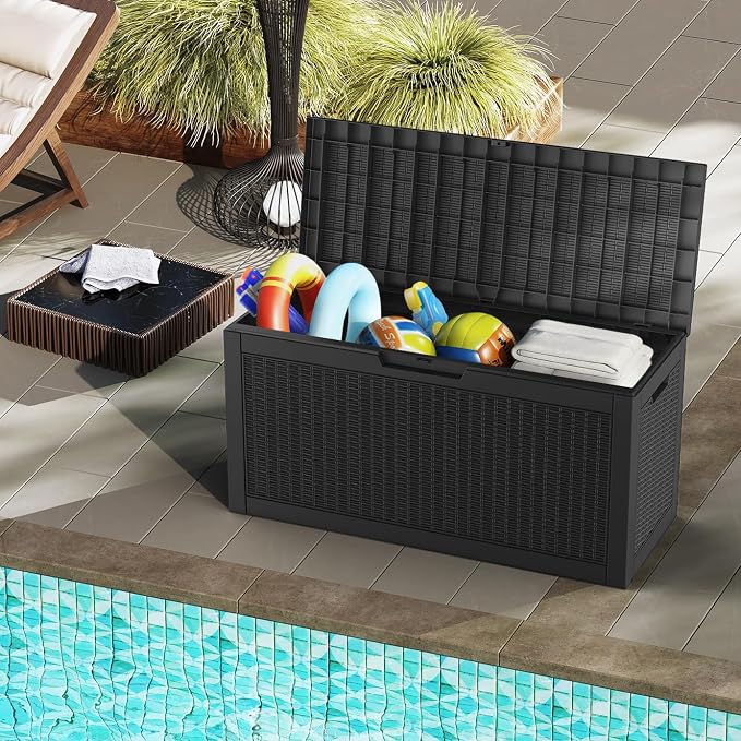 Mars Villa 60 Gallon Deck Box, Outdoor Storage Box Waterproof, Outside Resin Storage Bin for Outdoor Patio Furniture Cushion, Pool Supply, Garden Tool, UV-Resistant and Weatherproof, Rattan Black