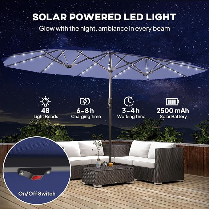 Outsunny 14.8ft Double Umbrella, Large Outdoor Patio Sun Shade with LED Solar Light for Garden