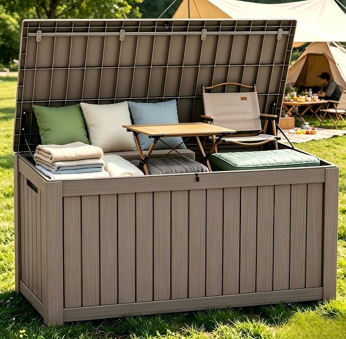 155 Gallon Outdoor Deck Storage Box, Large Waterproof Resin Patio Storage Box, Lockable Bench Seat Holds 2 Adults, for Garden Tools, Cushions & Pool Floats, UV & Rust Resistant, Gray Brown