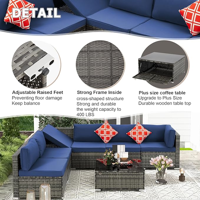 7 Piece Patio Furniture Set with Adjustable Bracket Wicker Rattan Patio Conversation Sets Outdoor Sectional Sofa Set with Wood Table and Cushions for Porch Lawn Garden, Navy Blue