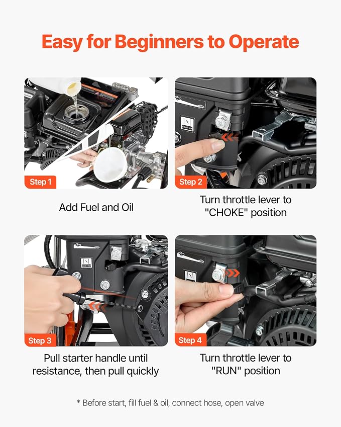 VEVOR Gas Pressure Washer 2900 PSI and 1.85 Max GPM, Upgrade Aluminum Pump with Spray Gun and Wand, 4 Nozzle Set, Gas Powered Pressure Washer for Cars, Fences, Driveways, Homes, Patios, Furniture