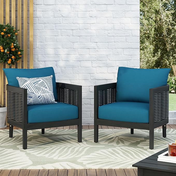 Merax Set of 2 Outdoor Acacia Wood Wicker Club Chair with Cushion,Patio Furniture Conversation Seat for Backyard Garden