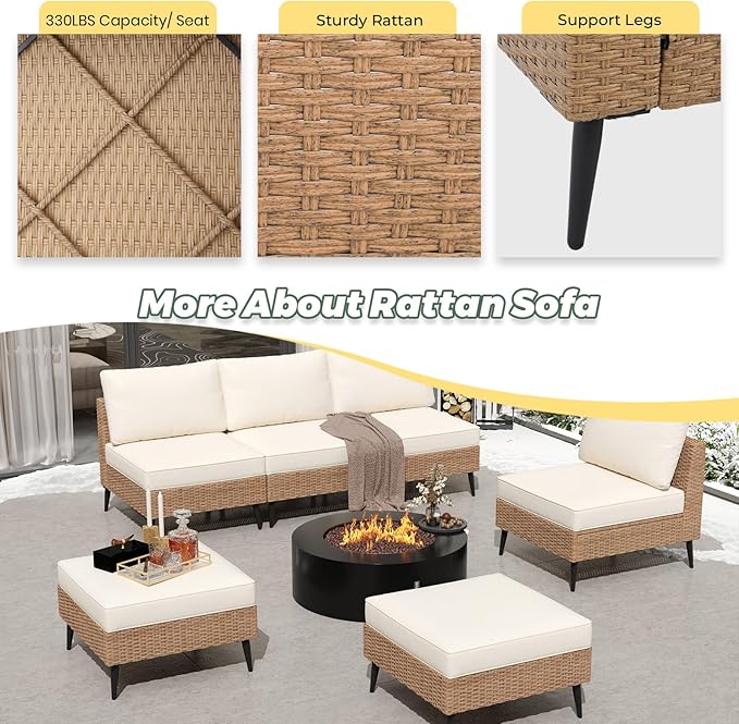 LVUYOYO 6 Pieces Outdoor Patio Furniture Set, Wicker Sectional Sofa Couch, Rattan Conversation Sets with Cushions for Deck, Backyard, Porch (Khaki)