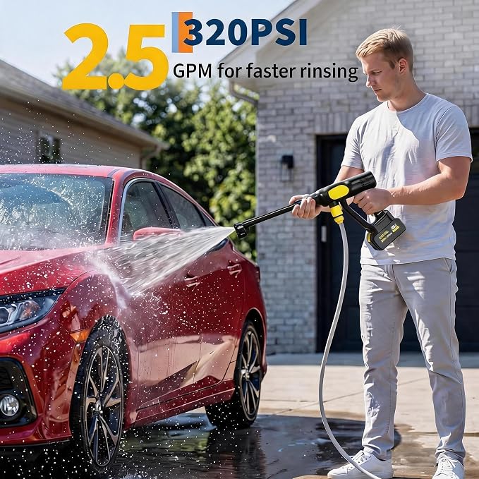 20V Cordless Pressure Washer, 320 PSI 2.5 GPM Portable Power Cleaner with 4.0Ah Battery, 6-in-1 Nozzle, 23ft Hose, Foam Cannon, for Car Patio Yard Cleaning