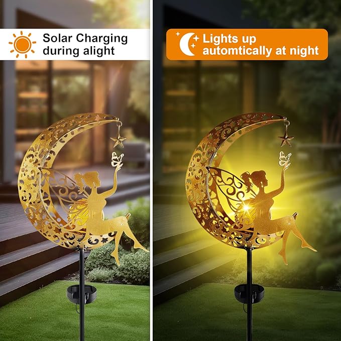Fohil Solar Garden Lights Outdoor, Metal Fairy Moon Glass Globe Pathway Stake Solar Light Decor, Waterproof Solar Decorative Lights for Garden, Walkway, Yard, Lawn, Patio, Courtyard