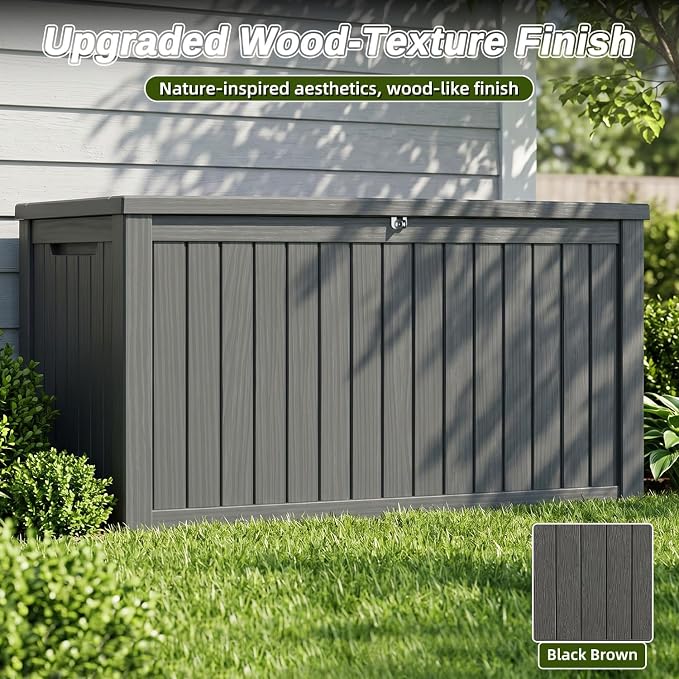 200 Gallon Deck Box, Extra Large Waterproof Outdoor Storage Box with Hydraulic Rod, Weatherproof Resin, Lockable Wood-grain Finish Container for Patio Furniture, Garden, Pool and Garage (Black)