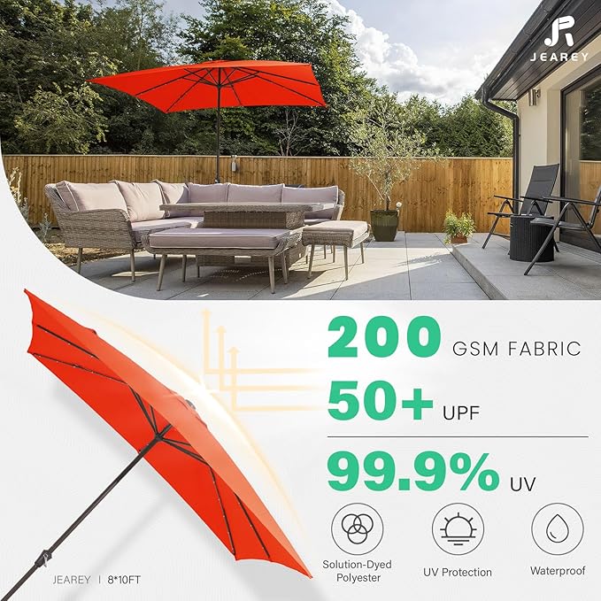 JEAREY 8x10 ft Rectangular LED Lighted Patio Umbrellas Outdoor Solar Table Market Umbrella w/Crank, 8 Sturdy Ribs, UV Protection Waterproof Sunproof(Orange)